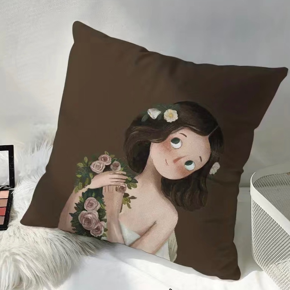 1pc, Cute Bouquet Girl Single Sided Printed Pillow Sofa Bedroom Living Room Bed